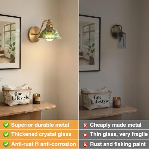 Image of Redluck Glass Battery Operated Wireless Wall sconces Set of Two with Remote | Vintage Green Glass, Rechargeable, Easy Installation, 12 Colors Wireless Wall Lamp for Bedroom Living Room Hallway Decor