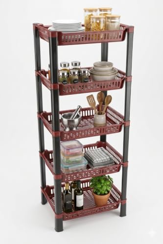 Image of U-Max Multi Tire Kitchen Storage Rack, Plastic Utility Shelf Organiser, Space Saving Storage Solution, Revolving Vegetable Rack (Maroon, 5)