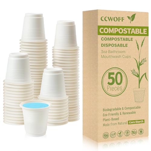 Image of 50PCS 3 OZ Bathroom Cups 100% Compostable Biodegradable Eco Friendly Small Disposable Mini Mouthwash Cups for Bath Rinse Shot Disposable for Drinking Washing Tasting