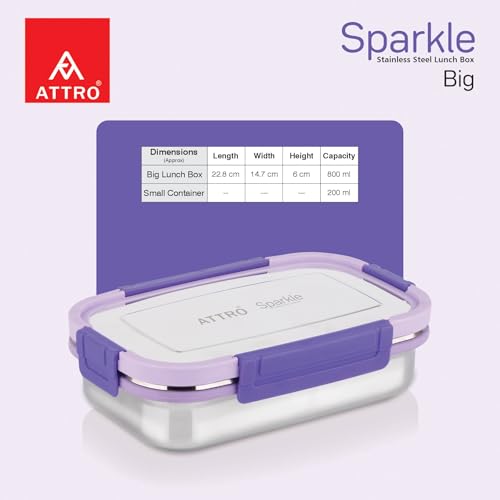 Image of ATTRO Sparkle Big Stainless Steel Lunch Box 2-Piece Set - 900ml + 200ml - Leak-Proof, BPA-Free, Compact & Durable - Ideal for Kids, Office, Travel - Purple