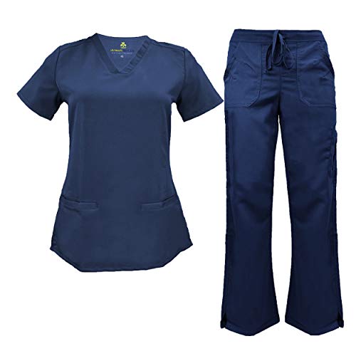 Soft Premium V-Neck Professional Work-Wear Women Top and Pant Set (True Navy Blue, X-Large)
