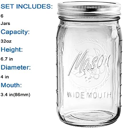 Tebery 6 Pack Wide Mouth Mason Glass Jars, 32Oz Clear Glass Jar Canning  Jars with Lids and Bands for Canning, Freezing, Preserving, Beverages & Jar  ...