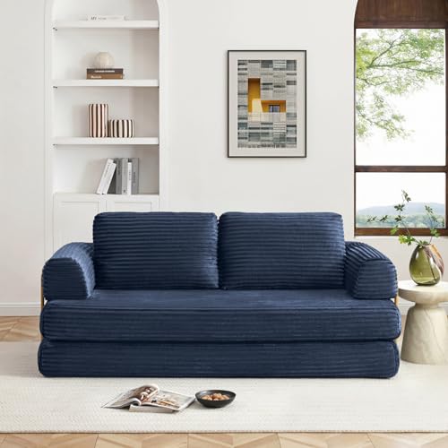 Image of HANXIN 80'' Convertible Sleeper Sofa Bed, High Back Plush Corduroy Folding Floor Mattress Couch with Fixed-Shape Frame, Boneless Futon Loveseat with Pull Out Bed, No Assembly Required (Blue)