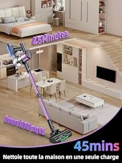 SUXIANGVAC Aspirateur Balai sans Fil, 45kPa/500W/45min Aspirateur sans Fil Puissant avec 3 Niveaux,Tuyau Extensible, LED Display, Brosse Anti-Enchevêtrement pour Sols, Tapis et Voiture - Violet