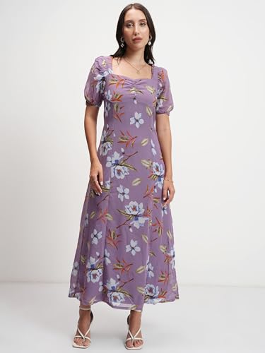 Image of Tokyo Talkies Women's Elegant Floral | A-Line Midi Dress | Sweetheart Neck | Short Sleeves |Front Slit & Gathered Detail