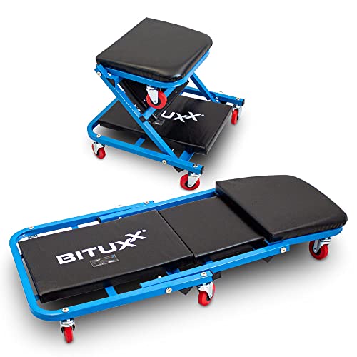 BITUXX Werkstatt-Rollbrett Werkstattliege Montageliege Montagerollbrett Sitz als Liege oder Werkstatthocker/Klappsitz verwendbar