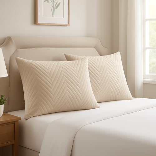 Image of RD TREND Pillow Cover Set of 2 | Quilted Cotton | Soft & Breathable | Skin & Hair Friendly | Hidden Zipper Pillowcases | Standard Size 18x28 Inches | Beige