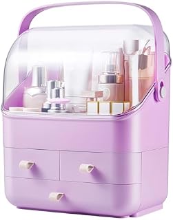 SUNFICON Makeup Holder Organizer with Lid Purple Cosmetic Storage Case Beauty Essential Box Dust Free Waterproof Cover Portable Handle Fully Open Drawers Bathroom Countertop Bedroom Dresser