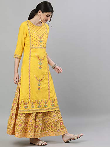 Image of ishin Women's Rayon Yellow Embroidered Straight Kurta set With Skirt and Dupatta
