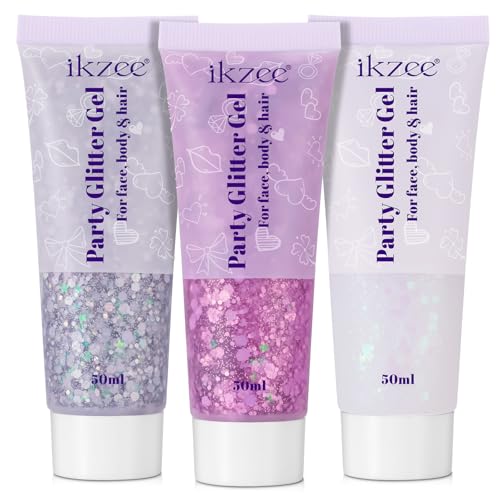 3 Stück Body Glitter Gel, Glitzer Gesicht Gel 50ml, Wasserfest & Langlebig Glitter Schminke für Festival Party, Glitzer Set Make Up für Haare/Körper/Nagel（Silber,meerjungfrau,Rosa）