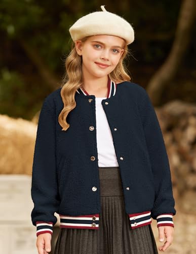 GRACE KARIN Girls Fleece Jacket Button Down Varsity Coat Fall Winter Baseball Outwear Clothes with Pocket for 7-14Y3