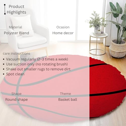 Image of Modern Shaggy Round Rug | Ultra-Soft Plush Circle Carpet for Living Room, Bedroom, Nursery | Fuzzy, Fluffy Area Rug with Non-Slip Base Red Ball 6x6 feet