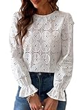 CUPSHE Long Sleeve Blouse for Women Trendy Hollow Out Crochet Fall Lace Blouses for Women Vacation Resort Wear 2026 White L