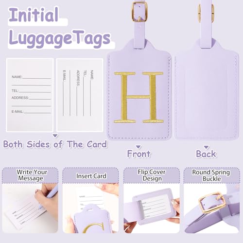 Image of Initial Luggage Tags for Suitcases, Cute Embroidered Letter Luggage Bag Suitcase Identifier Name Baggage Tag, PU Leather Travel Luggage Tags, Bag Tags for Men Women Kids Luggage Handbags(Purple H)