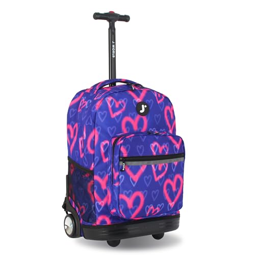 J World Sunrise Kids Rolling Backpack for Girls Boys. Roller Bookbag With Wheels For School, Heart Spray