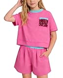 Latnnut Girls' Fashionable and Comfortable Short Sleeve Tee Shirt with Shorts Set Suitable for Summer Adventure and Casual Occasions Girls Short Sets Size 7-8