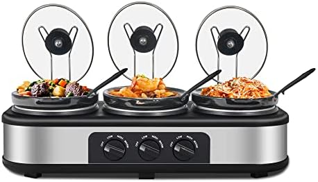 Triple Throw Cooker, 3 x 1.5 Quart Buffet Server and Warmer, 3 Pot Buffet Throw Cooker, Adjustable Temperature Lid Rest Stainless Steel Manual Silver for Party, Holiday, Family