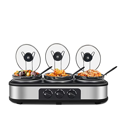 Triple Slow Cooker, 3×1.5 Qt Buffet Servers And Warmers, 3 Pots Buffet Slow Cooker Adjustable Temp Lid Rests Stainless Steel Manual Silver For Parties Holidays Families #TOP6