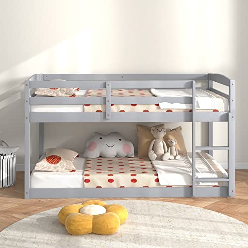 Komfott Low Bunk Bed Twin Over Twin, Solid Wood Bunk Bed Frame With Built-In Ladder & Safety Guardrails, Space-Saving Low Bunk Bed For Kids, Teens, No Box Spring Needed (Gray) #TOP1