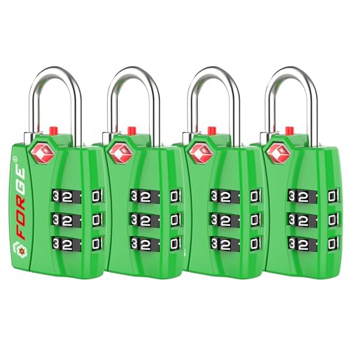 Image of Forge Open Alert TSA Approved Luggage Locks - 3 Digit Combination, Easy Read Dials, Zinc Alloy Body - Ideal Travel Lock for Luggage, Suitcases, Bags & Toolboxes (Green 4PK)