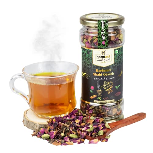 Hamiast Kashmiri Shahi Qawah (Kahwa) Green Tea with Saffron, Authentic and Traditional Blend,Without Sugar,100g Serves 50 Cups