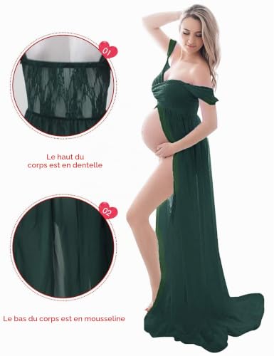 FEOYA-Jupes Photographiques Maternite Dames Robes pour Photoshoot Ete Traîne Longue Robe en Mousseline de Soie Hors Epaule Bretelles Fendue Devant Femme Enceinte Robe,M,Vert Foncé – vue 3