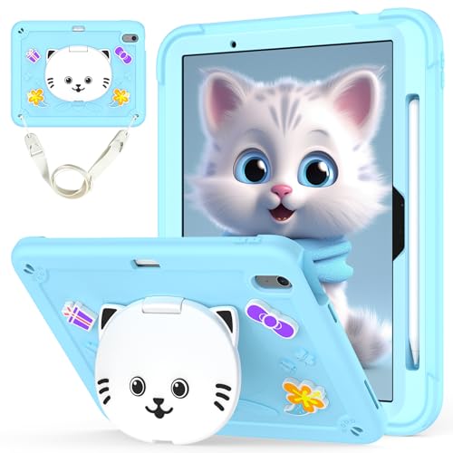 Protection iPad Air 11 2025 antichoc enfant fille avec support bleu et sangle