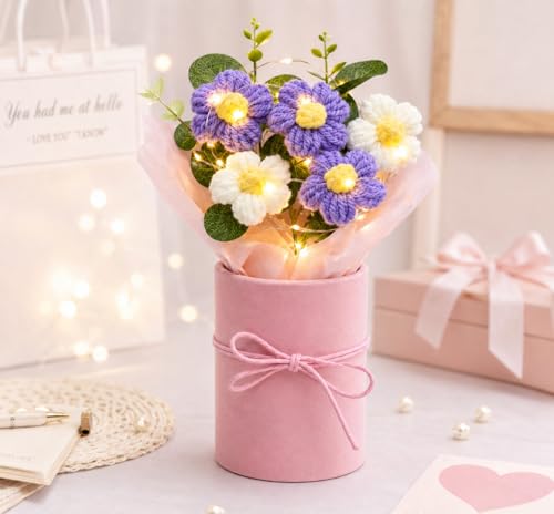 Image of ROKTRY Handmade Crochet Flower Bouquet with LED Fairy Lights - Knitted Yarn Daisy Flowers in Elegant Pink Gift Box for Birthday, Anniversary, Valentine's Day, Wedding, Home Decor (PURPEL)