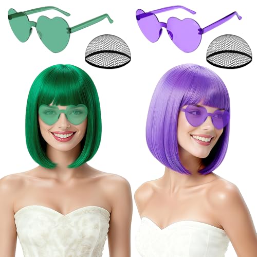 Image of 2 Pack Colored Bob Wigs and Heart Sunglasses, Green Light Purple Short Straight Bob Wig with Bangs Neon Party Colorful Synthetic Hair for Women Men Halloween Costume Bachelorette Party Favors