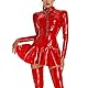 Moinha Damen Lederkleid Sexy Kurz PU Leder Kleid Langarm Wetlook Minikleid Ausgestellt Faltenrock Partykleid Nachtclub Kleid mit Vorne Reißverschluss Figurbetont Lack Leder Kleid Bodysuit Rot