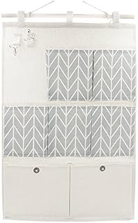Anzirose Linen/Cotton Fabric Wall Door Hanging Storage Case Organizer Pockets Multipurpose with 7 Pockets 2 Key hooks Grey