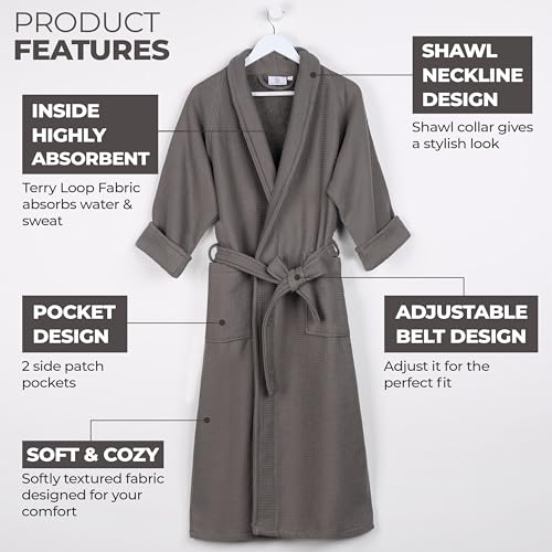 HOMECITY Waffle Weave Cotton Unisex Bathrobe with Belt, Soft and Absorbent Robe for Men and Women Bath Essentials Robes3
