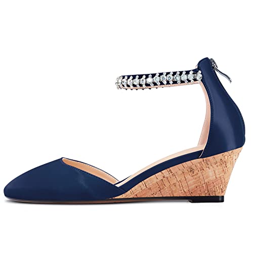 HEUIVZAR Wedge Pumps for Womens Ankle Strap Closed Square Toe Low Chunky Block Heel Satin Comfort Dress Shoes 2 Inch2