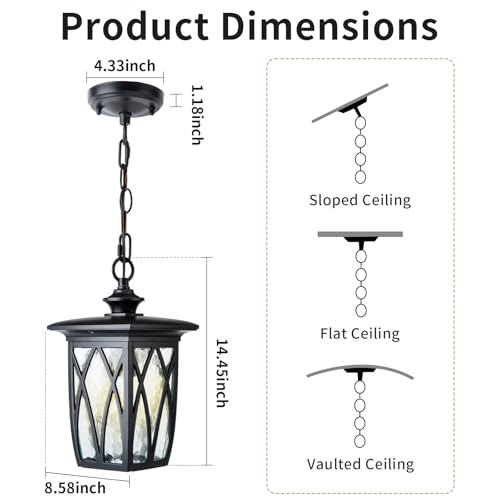 Image of 15'' Outdoor Pendant Light Fixture, Exterior Hanging Lantern, Modern Black Metal Outside Chandelier Light Fixture Ceiling Mount with Water Ripple Glass & Adjustable Chain for Porch, Gazebo, Front Door