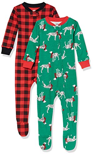 Amazon Essentials Toddler Boys Snug-Fit Cotton Footed Sleeper Pajamas, 2-Pack Christmas Dog/Buffalo Plaid, 4T