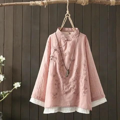 Chemise rétro brodée coton chanvre femme vêtement ample zen