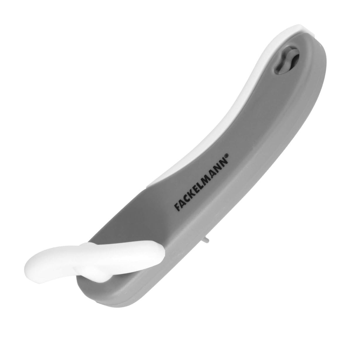 Fackelmann Compact Can Opener, Plastic with Sharp Top Opening Metal Cutting Blade, Food Safe Handheld Manual Tin Opener, Comfortable Grip, Grey & White, 15cm