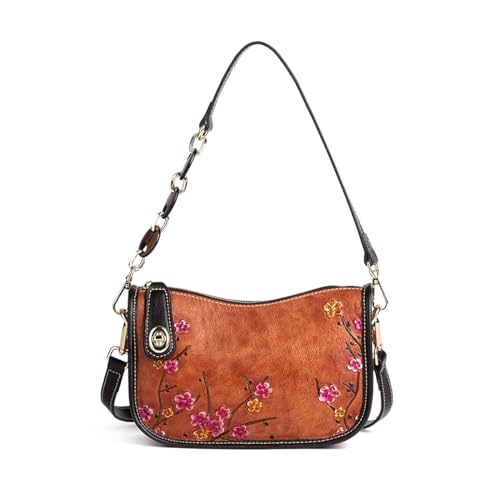 Genuine Leather Shoulder Bag for Women: Vintage Cowhide Leather Crossbody Purse - Flower Embossed Underarm Bag (brown)