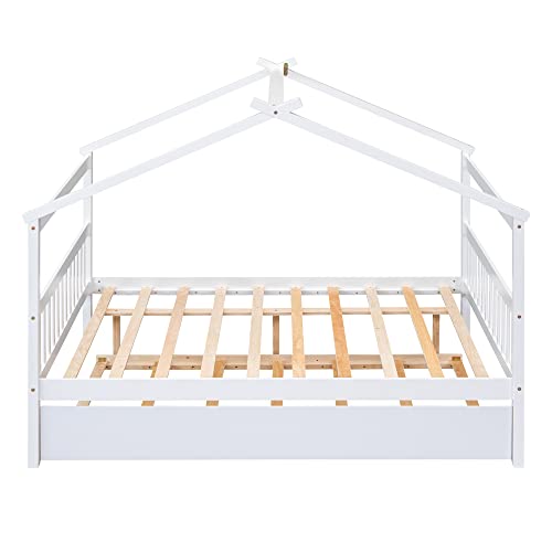 Full-Size-Wooden-House-Bed-with-Twin-Size-Trundle-White Full Size Wooden House Bed with Twin Size Trundle White