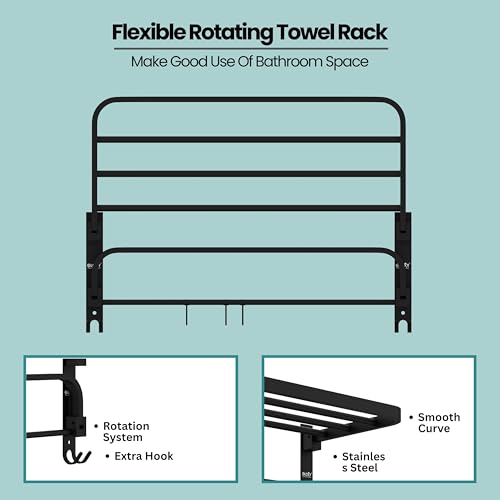 Image of Gloxy Premium Foldable Towel Rack in Bathroom with Towel Rod & Hooks Combo Pack of 2 - Stainless Steel Black Matte Finish Wall Mount Towel Stand /Towel Rod for Bathroom Fittings Accessories Set