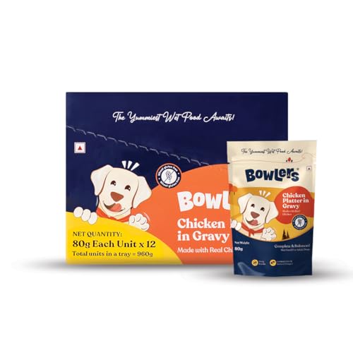 Image of Bowlers Adult Wet Dog Food | Chicken Platter in Gravy |80 GMS (Pack of 12)| Gluten Free | Supports Hydration | Smooth Digestion & Healthy Coat