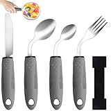 Weighted Adaptive Utensils Set for Hand Tremors, Parkinson’s & Arthritis - Angled Design, Non-Slip Grips with Wrist Strap, Stainless Steel 5 Piece (Grey, Left-Handed)
