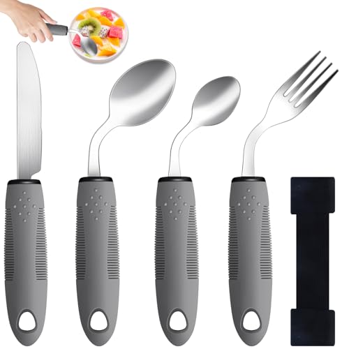 Weighted Adaptive Utensils Set for Hand Tremors, Parkinson’s & Arthritis - Angled Design, Non-Slip Grips with Wrist Strap, Stainless Steel 5 Piece (Grey, Left-Handed)