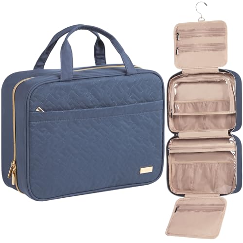 Image of NISHEL Travel Toiletry Bag for women, Portable Hanging Organizer for Family-Sized Shampoo, Conditioner, Brushes Set, Makeup Accessories, Extra Large Size, Aegean-Blue