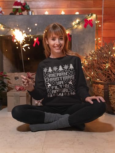 Graphic Impact Inspired Merry Christmas Ya Filthy Animal Sarcastic Mean Ugly Christmas Theme Xmas Jumper Xmas Sweatshirt Adults Unisex Sweater Christmas Jumper (Black, Large)