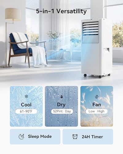 Image of Feelfunn 8,000 BTU Portable Air Conditioner - Cools Up to 350 Sq. Ft., 5-in-1 Portable AC Unit for Rooms with Remote Control, Sleep Mode, 24H Timer, Air Conditioner for Bedroom, Dorm, Apartment
