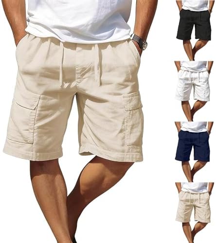 Mens Shorts Cotton Linen Drawstring Elastic Waist Lightweight Breathable Casual Summer Beach Shorts with Multi Pockets