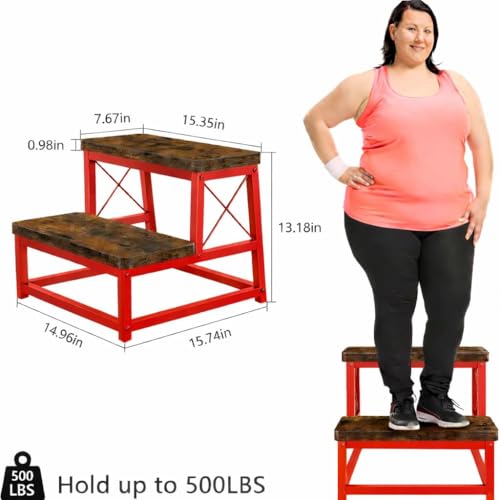 Image of 82984 Heavy Duty Wooden Step Stool for Adults, 2 Tier Heavy Duty Step Stool for High Bed with Non-Slip Feet, Using for Bedroom, Living Room, Bathroom and Kitchen (Red)
