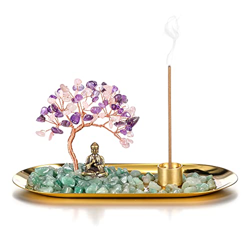 Jovivi Crystal Incense Holder for Sticks, Mixed Healing Crystal Stone Money Tree Buddha Statue Set Incense Burner, Incense Trays for Wealth, Good Luck,Yoga Meditation Home Decor