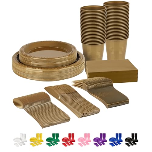 Grandipity 350 Piece Gold Disposable Dinnerware Set, Includes 50 of Each: 9